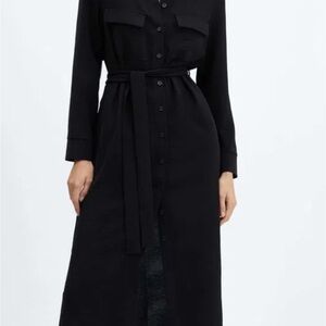 Mango Black Button-Front Shirt Dress with Waist Tie